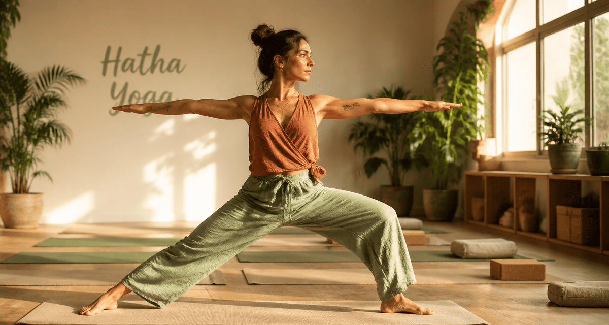hatha yoga c est quoi femme posture guerrier II salle lumineuse