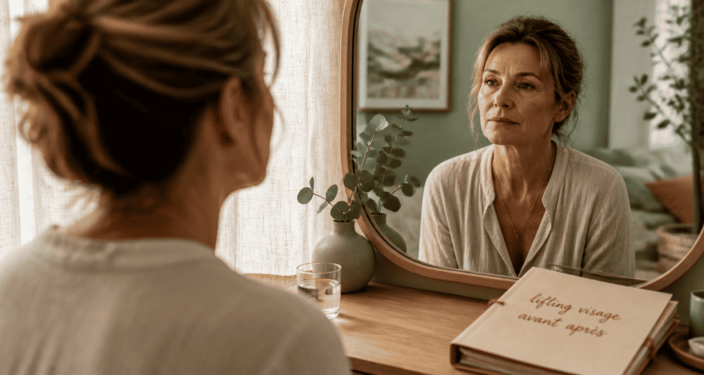 lifting visage avant après femme mature miroir
