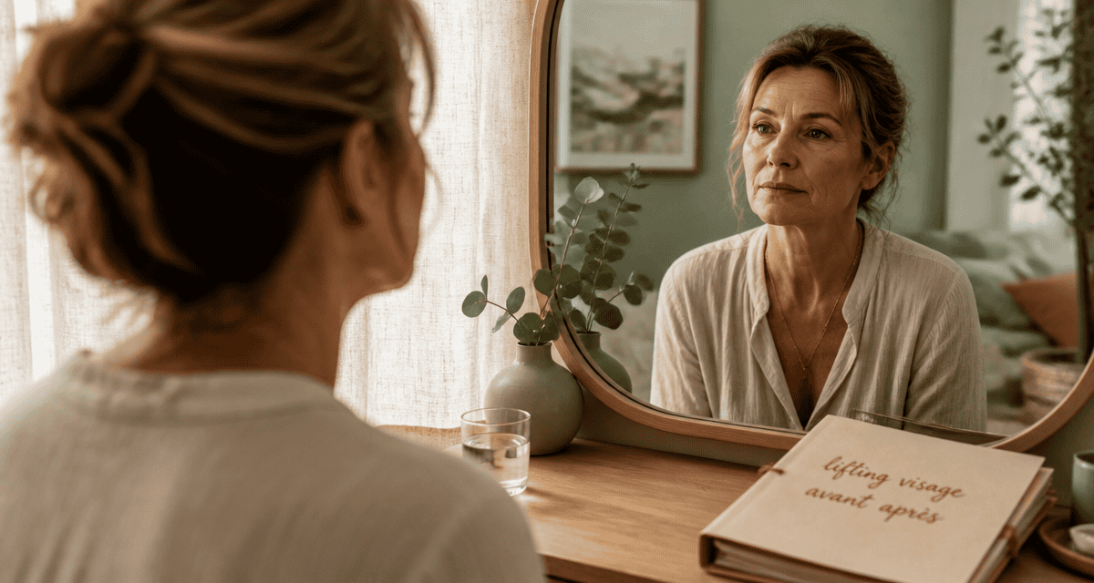 lifting visage avant après femme mature miroir