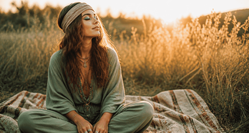 maquillage année 70 hippie sur jeune femme en extérieur
