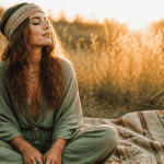 maquillage année 70 hippie sur jeune femme en extérieur