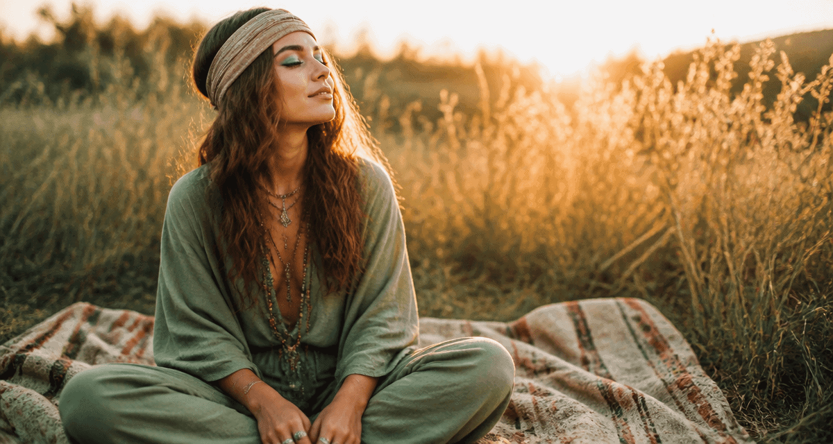 maquillage année 70 hippie sur jeune femme en extérieur