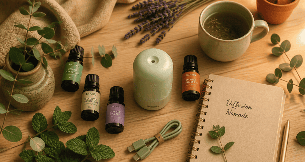meilleur diffuseur huiles essentielles sans fil flat lay ambiance zen
