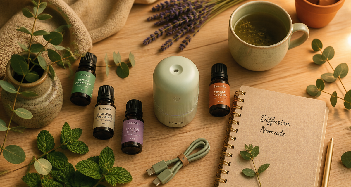 meilleur diffuseur huiles essentielles sans fil flat lay ambiance zen