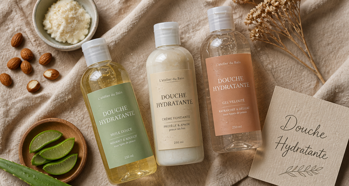 meilleur gel douche hydratant femme flat-lay ingrédients naturels