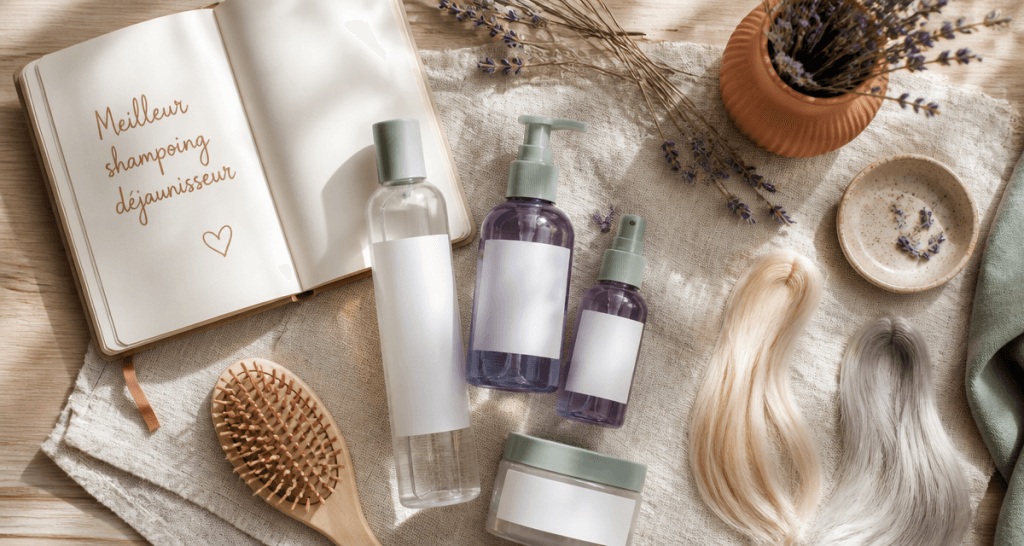 meilleur shampoing dejaunisseur flacons violets et accessoires cheveux blonds