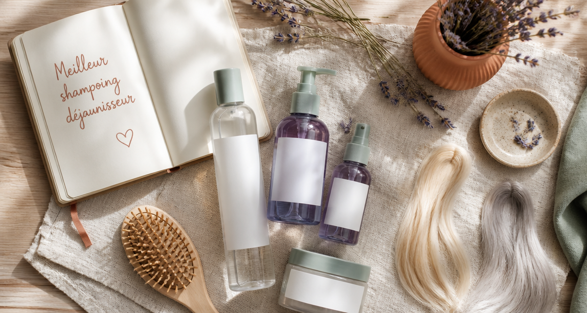 meilleur shampoing dejaunisseur flacons violets et accessoires cheveux blonds