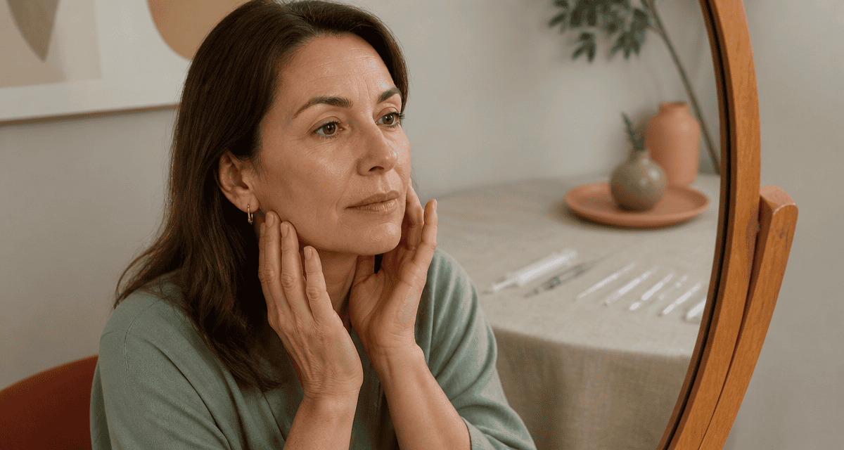 ovale du visage avant après femme mature devant miroir