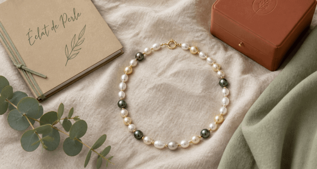 perle en collier sur tissu lin