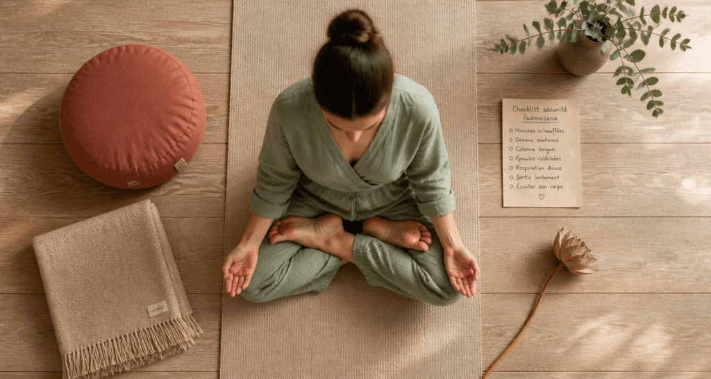 position lotus sur tapis yoga avec checklist