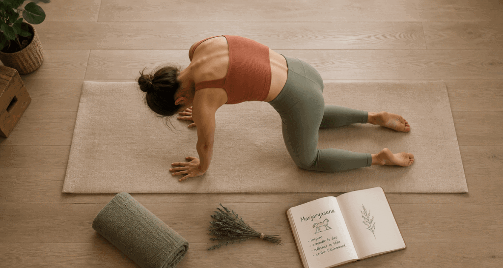 posture du chat en yoga sur tapis beige