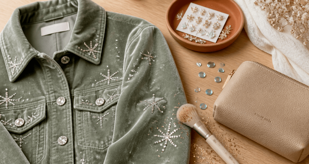 strass et paillettes sur veste et accessoires