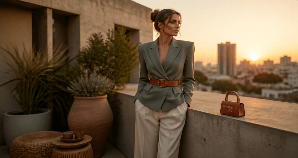 Tendance mode 2025 tailleur vert sauge sur terrasse urbaine