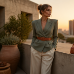 Tendance mode 2025 tailleur vert sauge sur terrasse urbaine