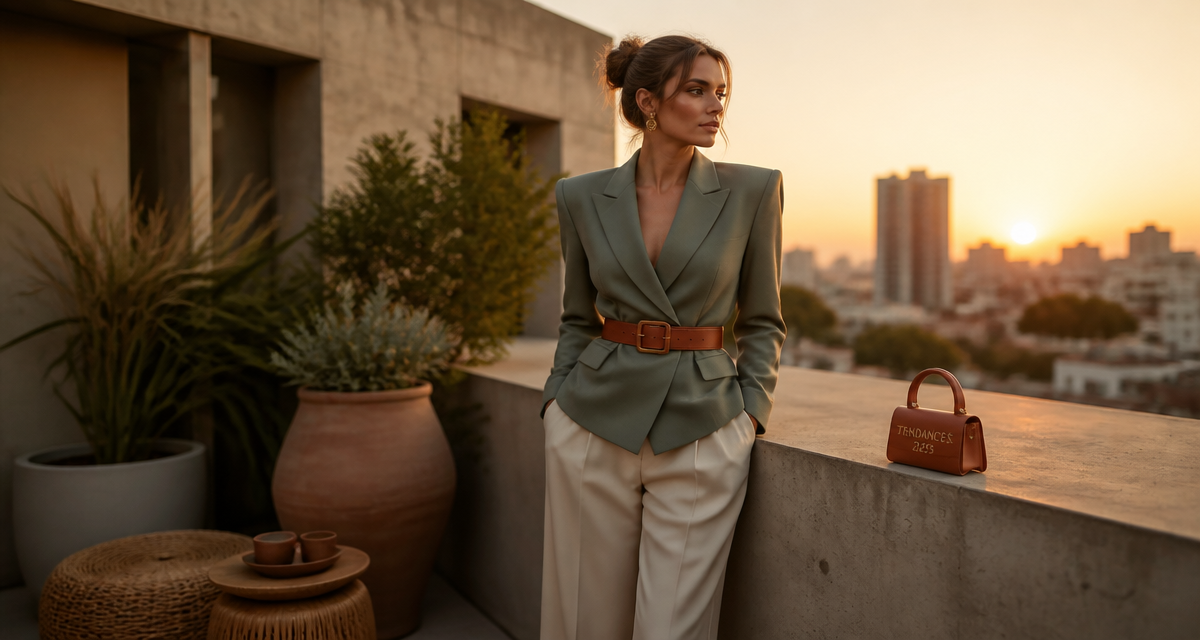 Tendance mode 2025 tailleur vert sauge sur terrasse urbaine