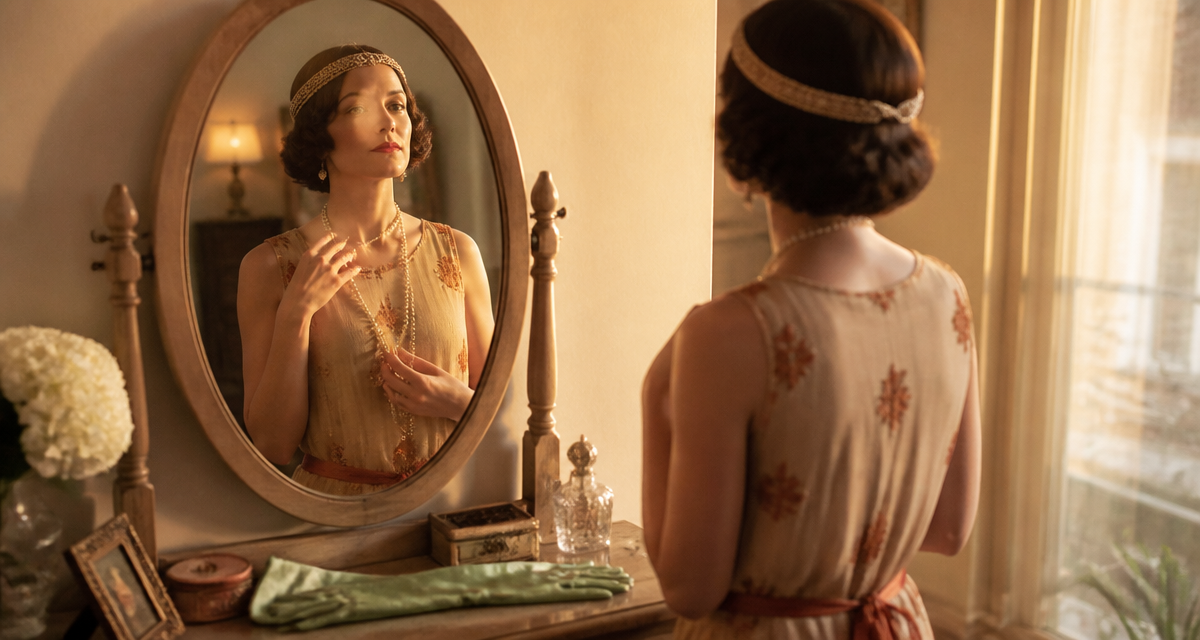 tenue 1920 femme devant coiffeuse vintage