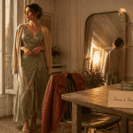 tenue paillette femme robe verte appartement chic