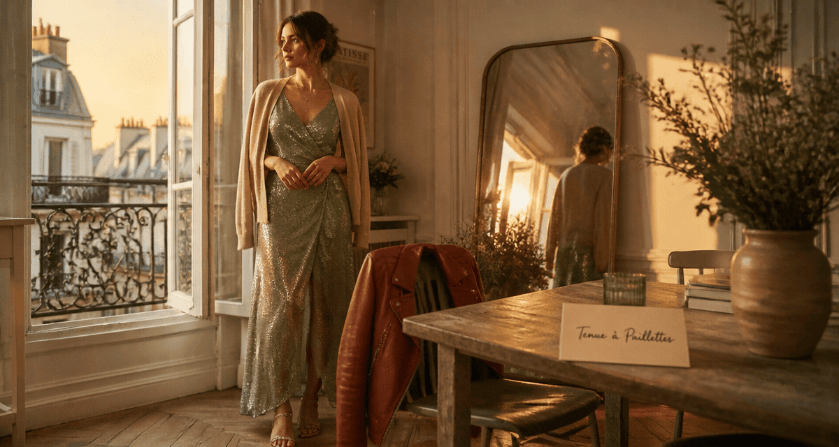 tenue paillette femme robe verte appartement chic