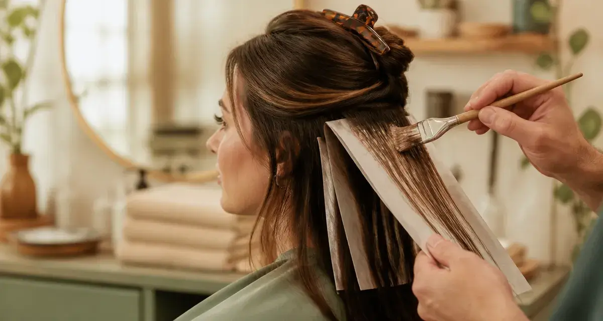 Balayage chocolat noisette sur brun châtain, mèches fines, sans effet racine