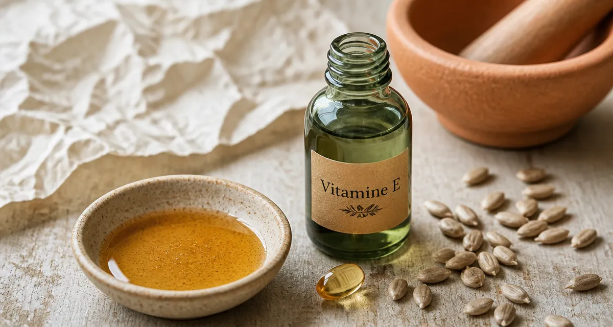 Bienfaits vitamine E pour la peau : huile antioxydante, capsule et graines de tournesol