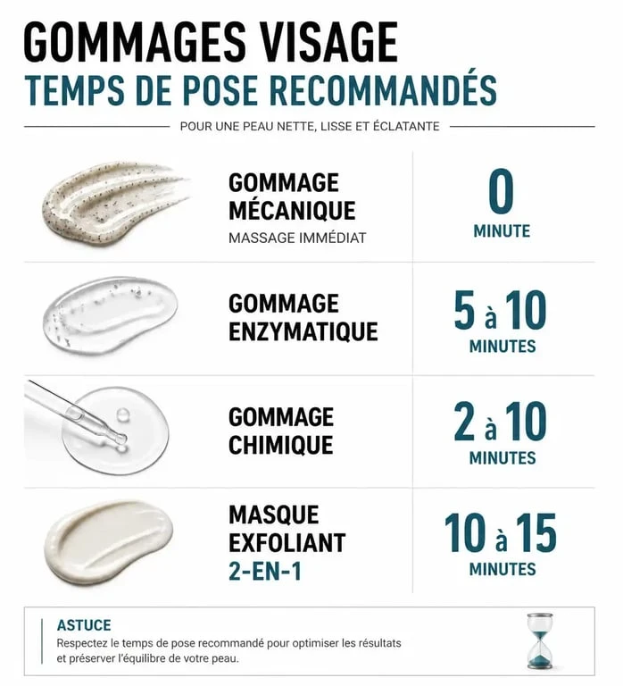 Infographie récapitulative : combien de temps laisser un gommage sur le visage selon le type de produit.