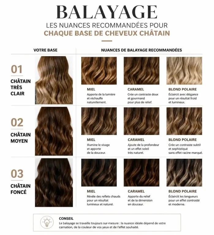 Infographie des nuances de balayage pour cheveux châtain selon la couleur de base