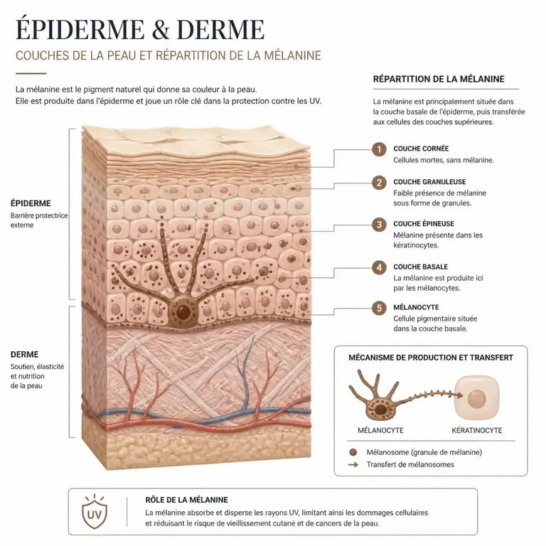 Schéma explicatif des couches de la peau et de la mélanine pour comprendre comment enlever les taches brunes sur le visage