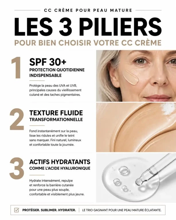 Infographie des critères de choix pour la meilleure CC crème pour peau mature