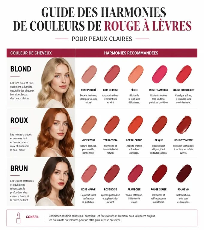 Guide des couleurs de rouge à lèvres pour peau claire selon la couleur de cheveux