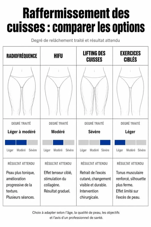 Infographie comparative des méthodes de traitement pour cuisse flasque avant après