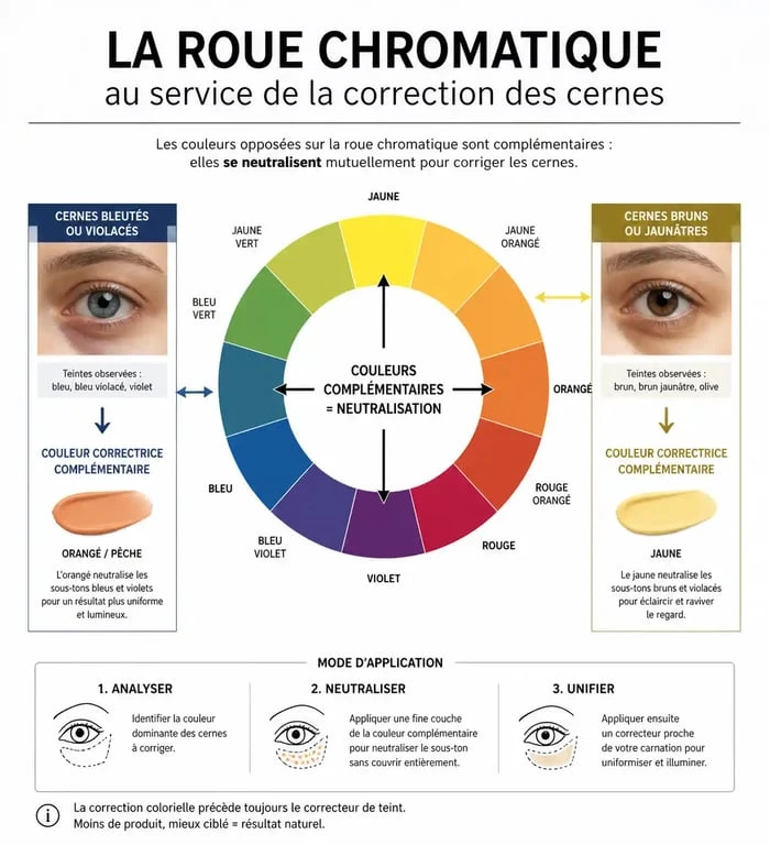 Infographie sur la colorimétrie pour choisir le meilleur anti-cernes selon la couleur des cernes