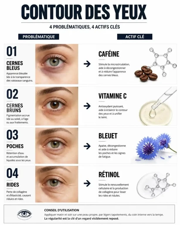 Infographie récapitulative des meilleurs actifs pour le contour des yeux selon la problématique