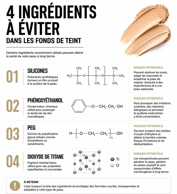 Infographie des ingrédients à éviter dans le meilleur fond de teint Yuka pour une composition saine