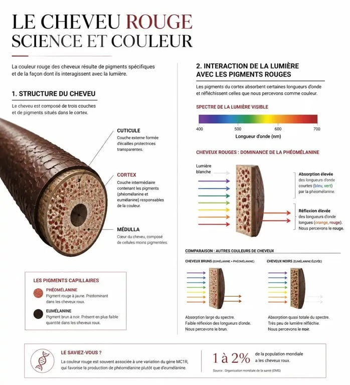 Infographie expliquant l'interaction entre la lumière et les reflets rouges sur cheveux noirs