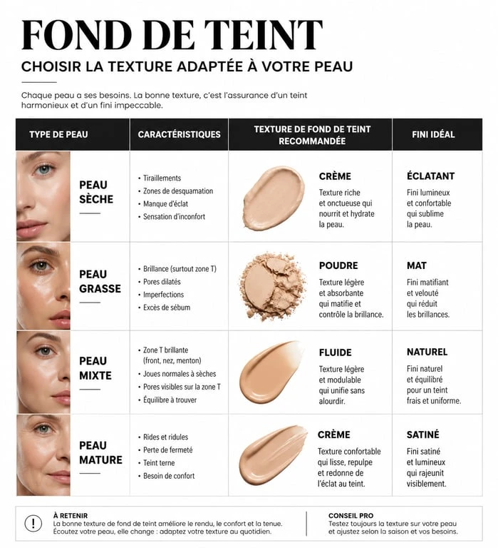 Infographie comparative des types de peau et textures pour choisir son fond de teint