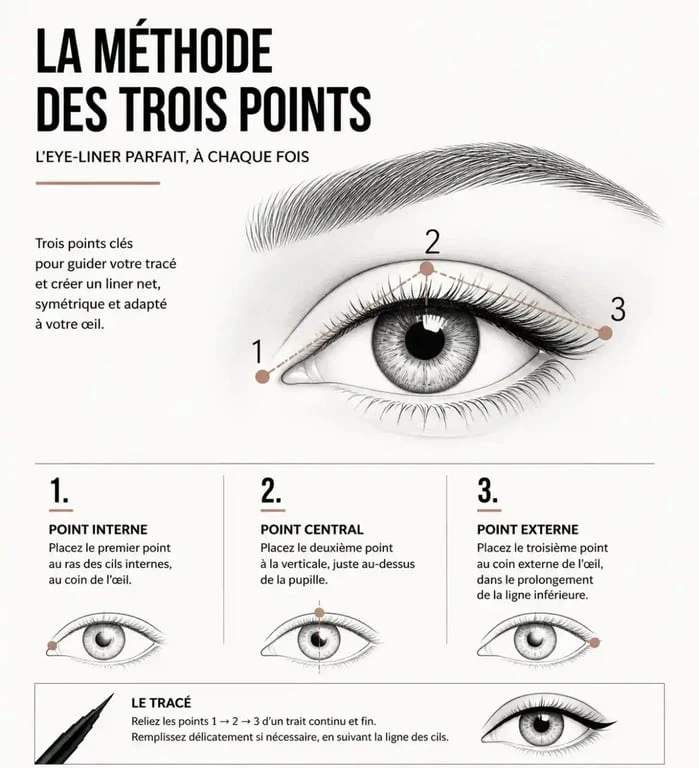 Illustration étape par étape de la technique des 3 points pour réussir son tuto eye liner