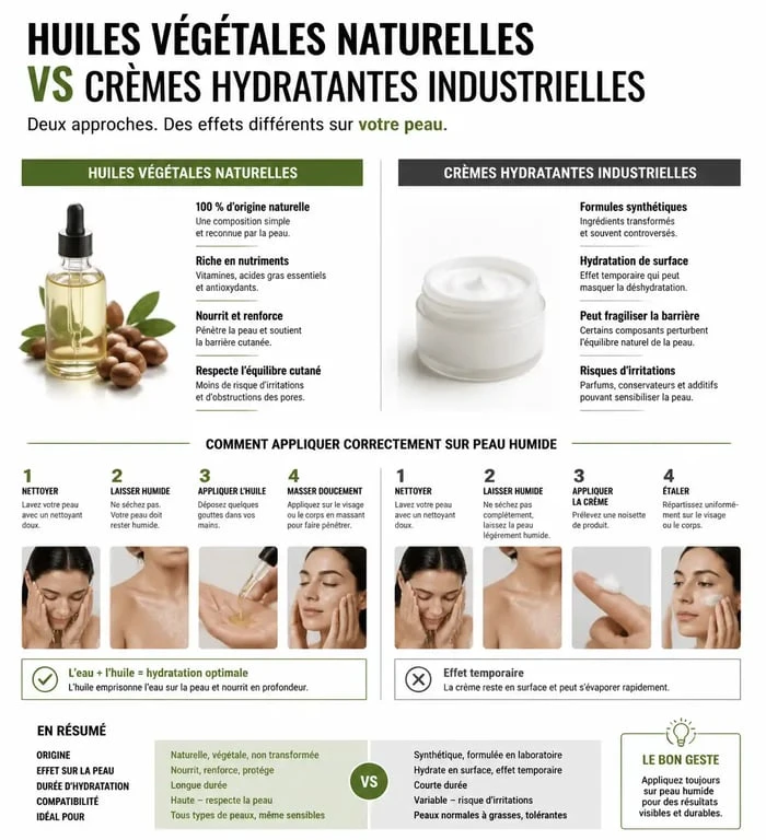 Infographie comparant les bienfaits des huiles végétales et des crèmes pour hydrater sa peau sans crème