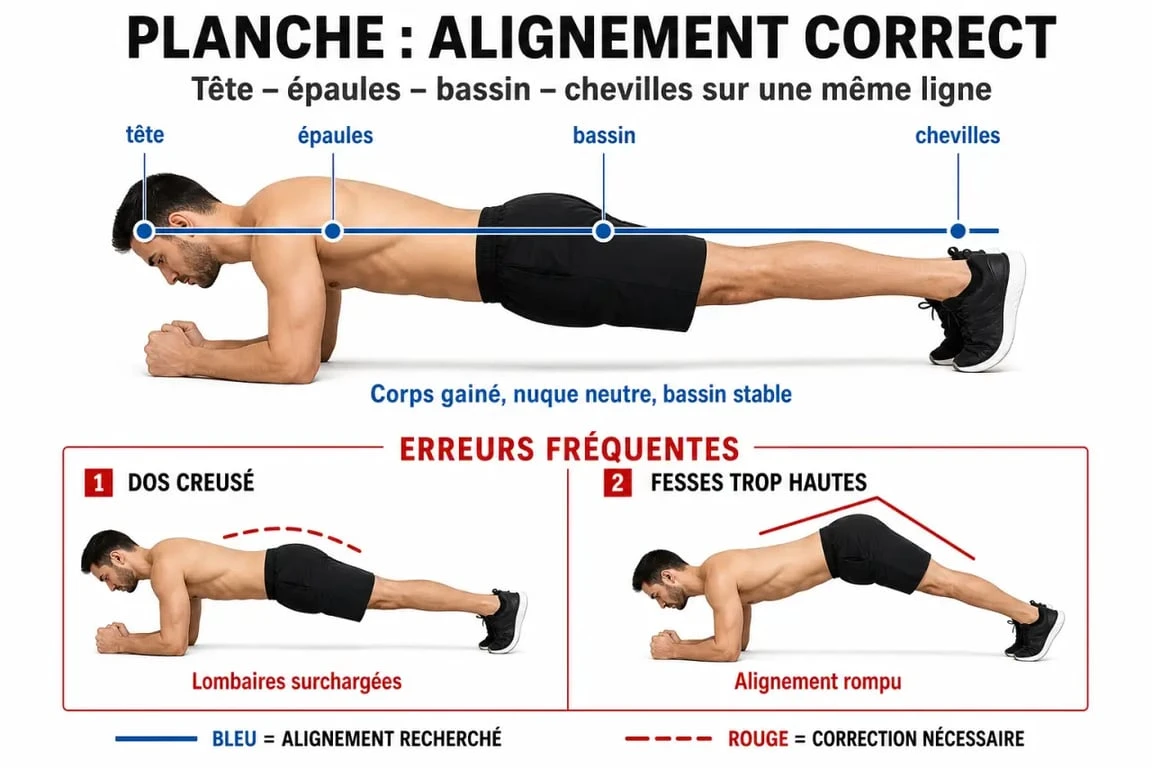 Infographie technique illustrant la posture correcte pour le gainage planche avant après