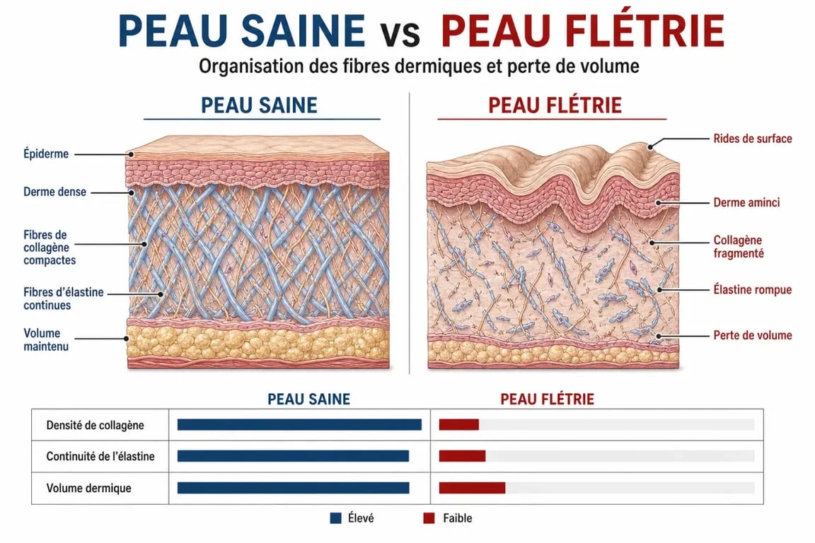 Schéma explicatif de la peau flétrie et de la perte de collagène pour comprendre comment traiter la peau flétrie