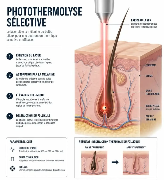 Schéma explicatif de la photothermolyse sélective pour l'épilation définitive au laser