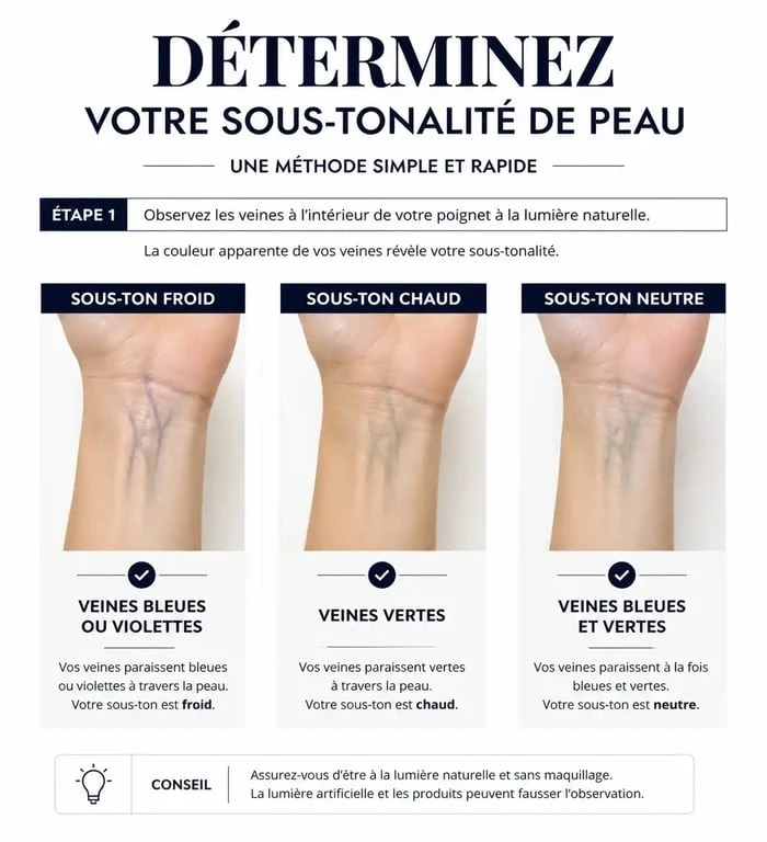 Infographie expliquant comment déterminer sa sous-tonalité pour choisir le meilleur fond de teint