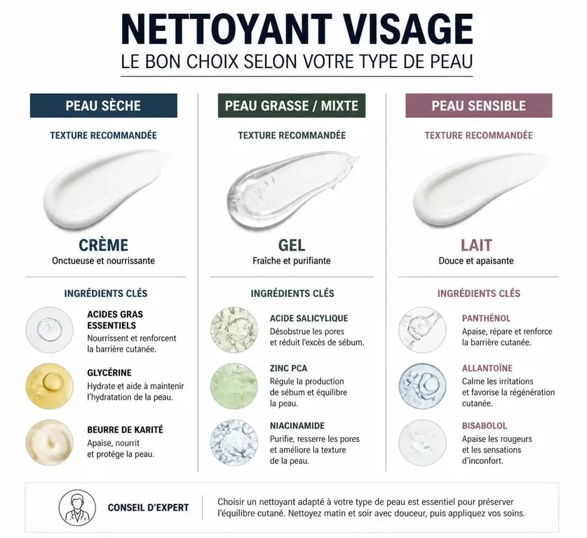 Infographie sur le choix du meilleur nettoyant visage selon son type de peau