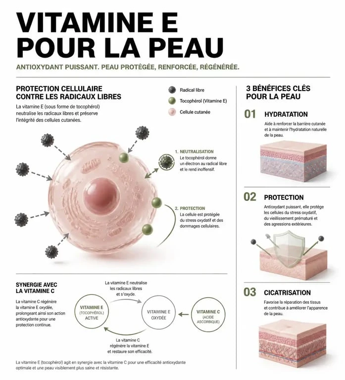 Infographie sur les bienfaits de la vitamine E pour la peau et son action antioxydante