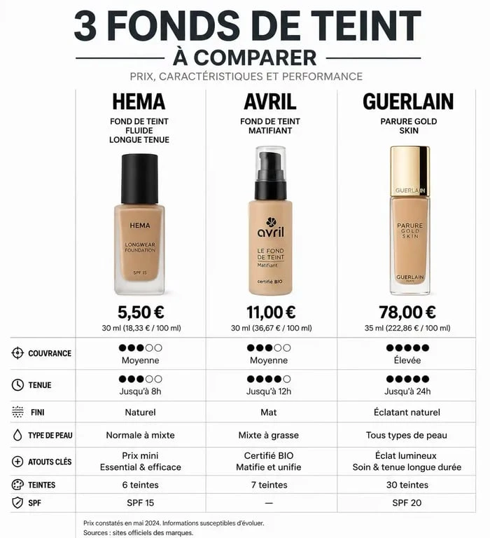 Comparatif des meilleurs fonds de teint selon 60 Millions de Consommateurs : Hema, Avril et Guerlain.
