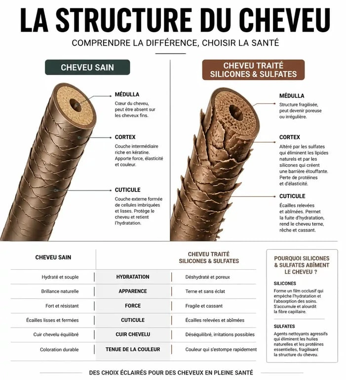 Infographie sur les effets des shampoings sans sulfate sans silicone sans paraben sur la santé du cheveu