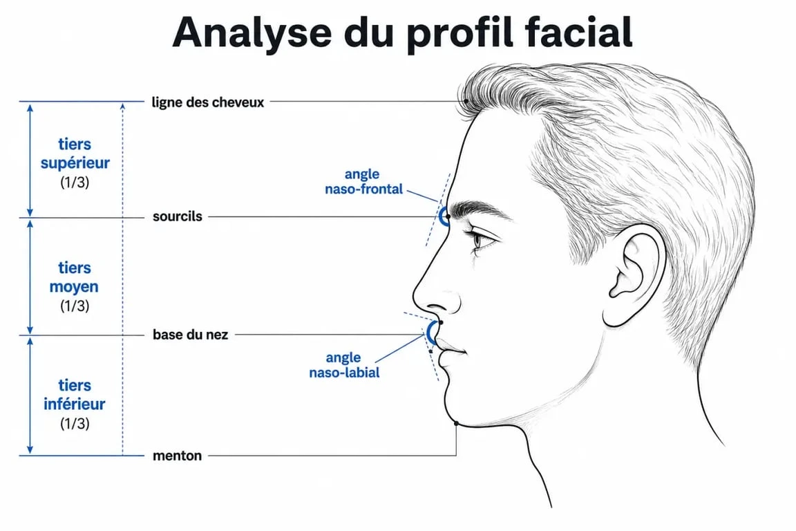 Schéma des proportions et angles du nez parfait selon les critères esthétiques