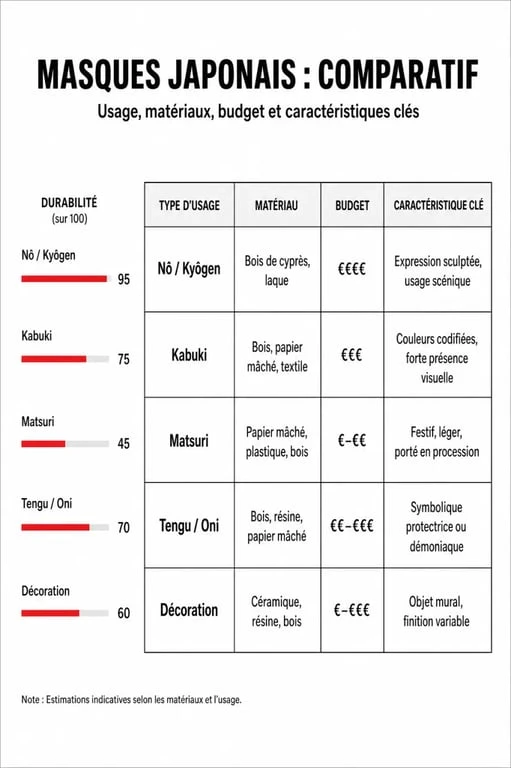 Tableau comparatif des types de masques japonais pour choisir son masque selon son usage