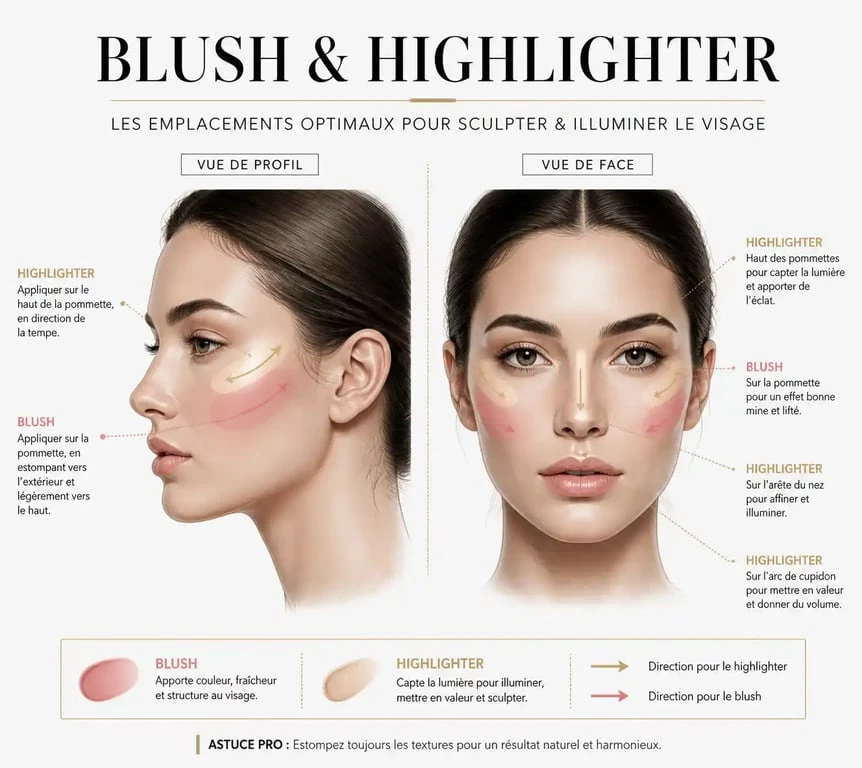 Schéma illustrant où mettre le blush et highlighter sur le visage pour un rendu sculpté