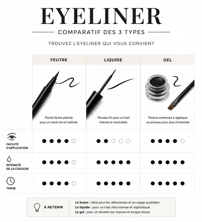 Infographie comparative des types d'eye liner : feutre, liquide et gel pour choisir le meilleur eye liner selon ses besoins.