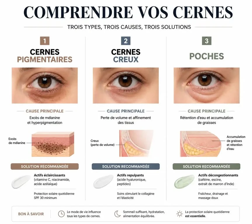 Infographie comparative des types de cernes et solutions pour comment enlever les cernes